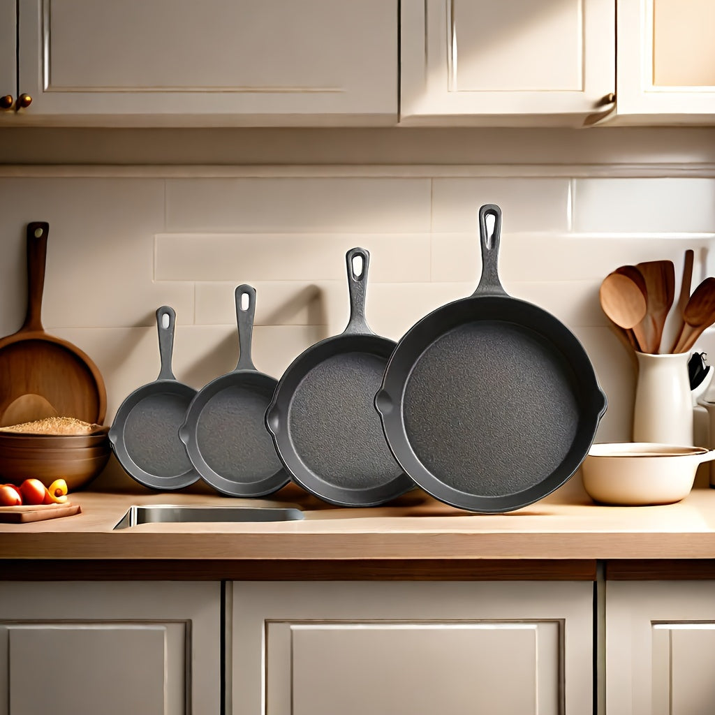 A set of four pre-seasoned cast iron skillets perfect for sauteing, stewing, and baking. Ideal for making apple pies and quiches, these versatile frying pans are a must-have for any kitchen.