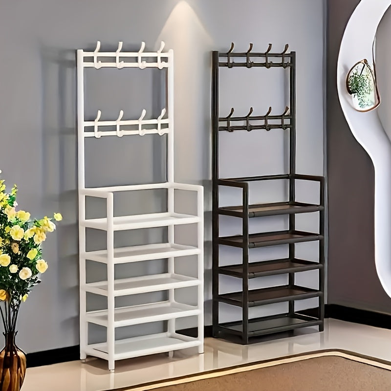 Metal entryway storage rack with shoe shelves, tier organizer, removable hooks, coat and hat stand for front door entry, for clothing, shoes, hats, bags, and umbrellas - in white and black.