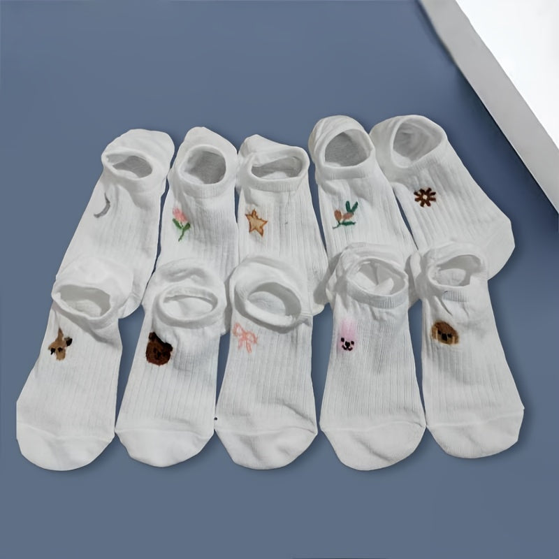 Soft and lightweight ankle socks with white stripes for kids, made of breathable polyester blend with cute animal and floral designs. Available in packs of 5, 6, or 10. Machine washable.