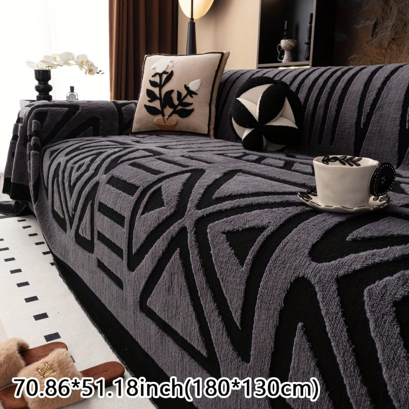 Modern Geometric Plush Sofa Cover in Black & White, All-Season, Dust-Proof, Pet-Friendly. Fits Single to Four-Seater Sofas. Machine Washable. Ideal for Living Room & Bedroom.