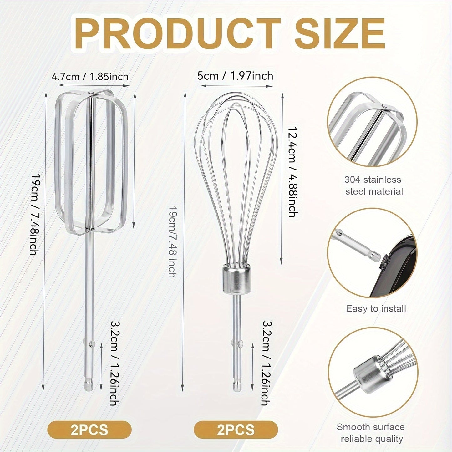 Set of four stainless steel hand mixer attachments - Includes versatile beaters for easy whisking, blending, and baking - Compatible with City Beach mixers.