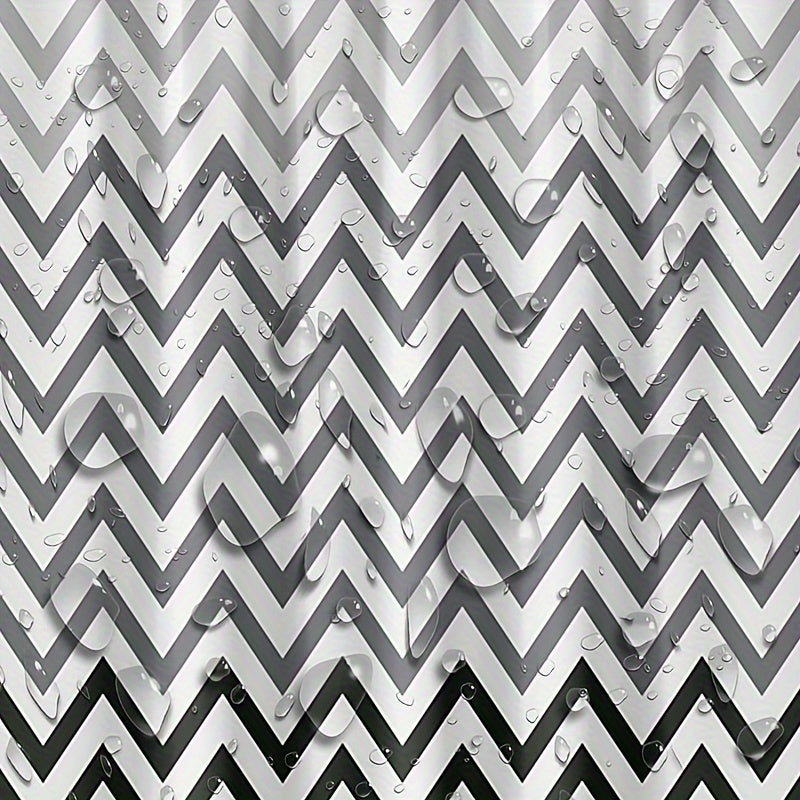 Chic black and white chevron shower curtain - waterproof, machine washable, includes hooks, ideal for any bathroom décor.