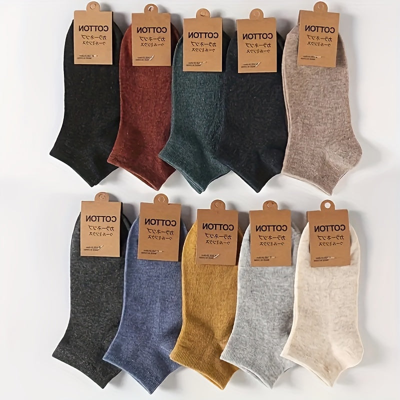 10 pairs of comfortable low-cut solid color ankle socks for men's daily wear.