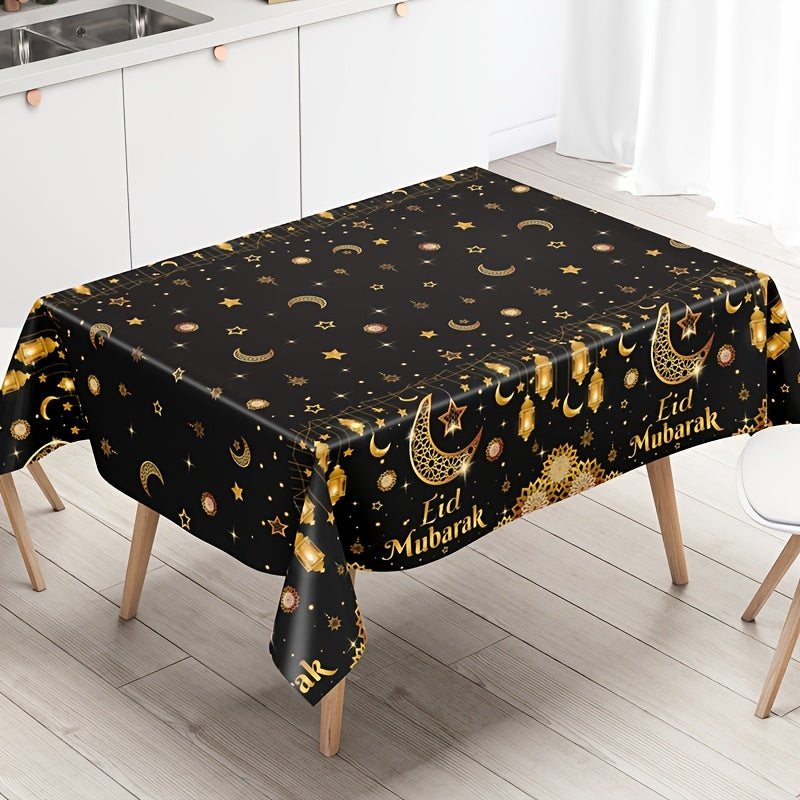 1pc Eid Mubarak tablecloth with black golden moon star lantern design, made of plastic PE, measuring 130x220cm. Perfect for Ramadan, Eid Al-Fitr, Islamic Muslim party decor, and Eid Al Adha