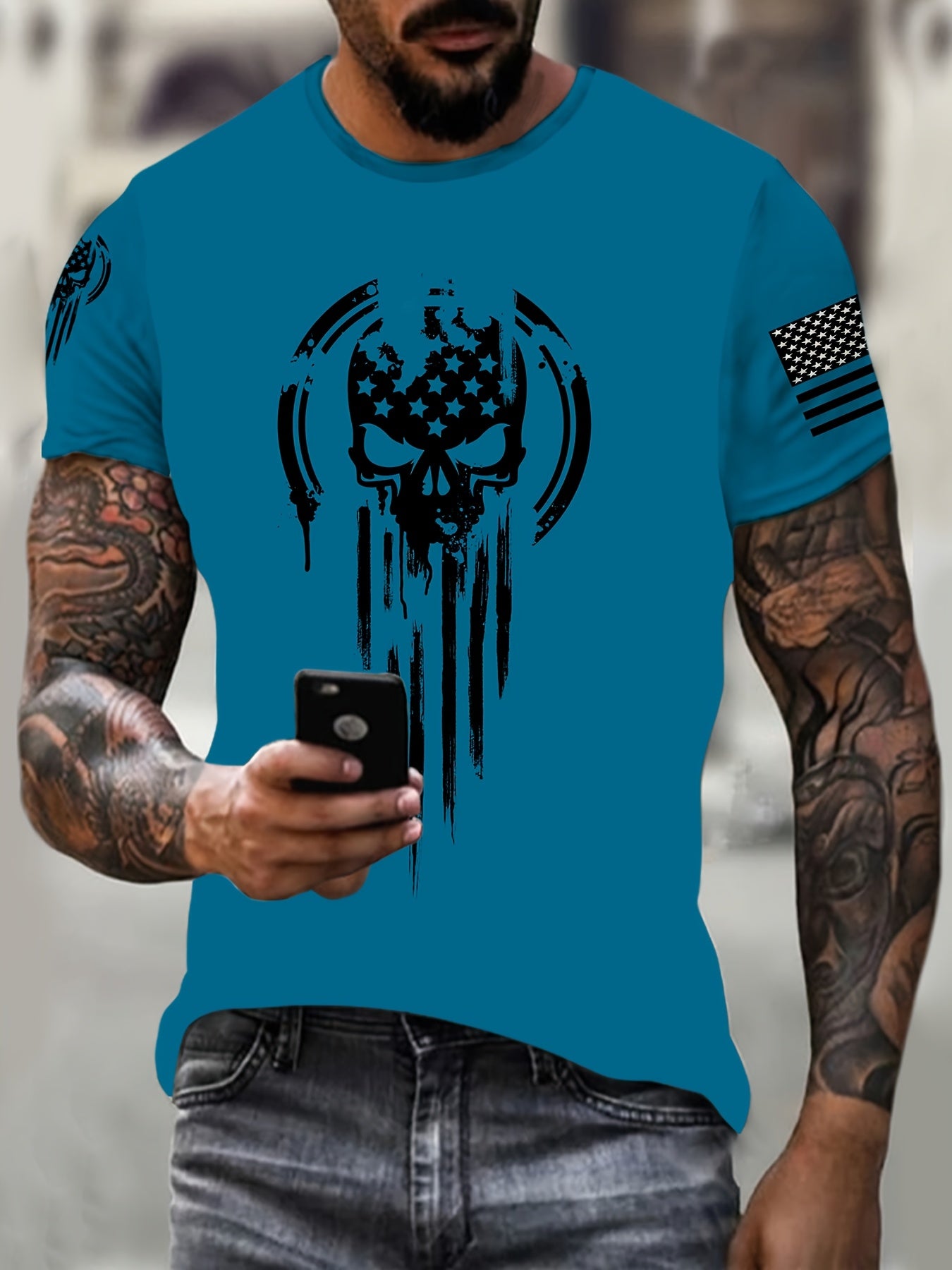 1pc Men's American Warrior Skull Military Print T-Shirt with crew neck, polyester knit fabric and slight stretch for summer wear, in regular fit and plus size.