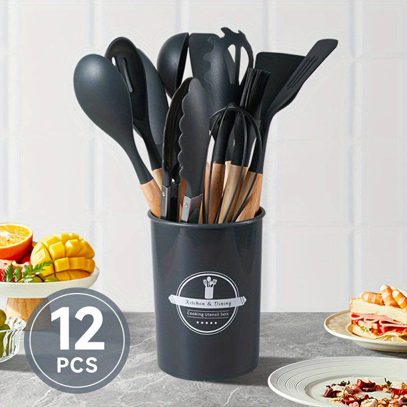 Set of 12 silicone kitchenware pieces - featuring non-stick, food-grade cooking tools such as shovels, spoons, and spatulas. Ideal for both vacation and everyday kitchen use. Great for Christmas and Thanksgiving celebrations.