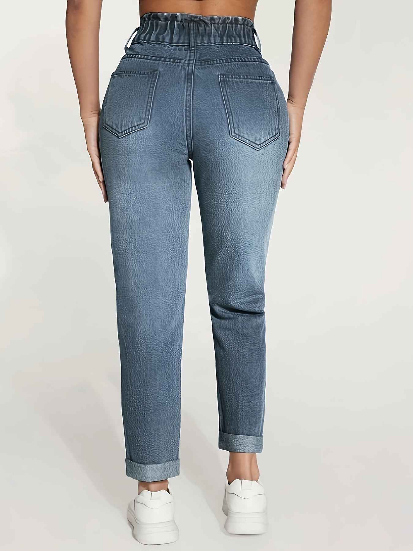 Womens straight-leg jeans with elastic waist and rolled hem, machine washable