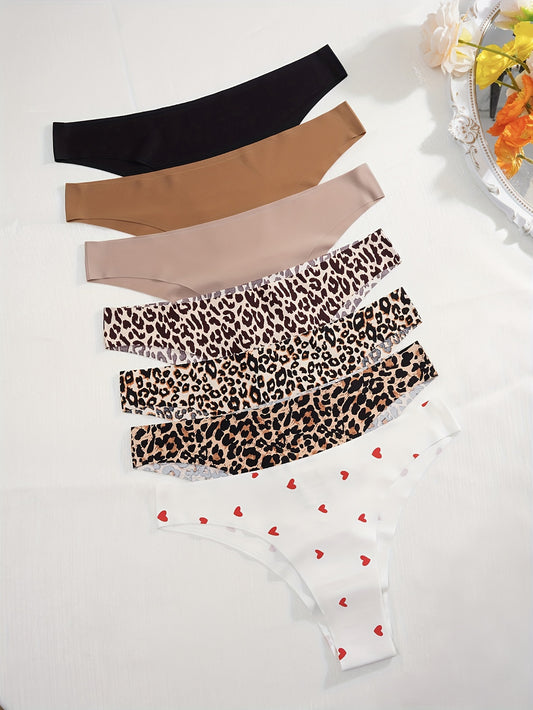 7pcs Leopard & Heart Print Panties, Seamless Intimates for Women