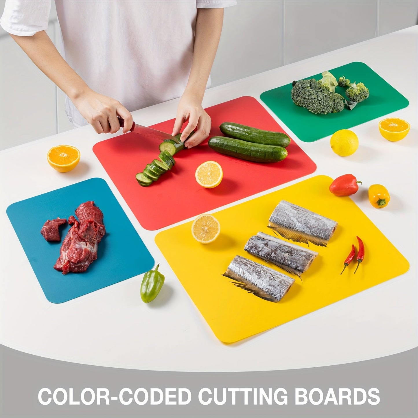 Set of 4 plastic cutting boards for kitchen use. BPA-free and flexible, ideal for cutting meat and vegetables. Affordable kitchen gadgets, measuring 38.1cm x 30.48cm in size.