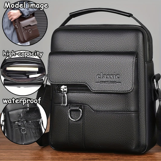 Vintage-style black crossbody bag for men with large capacity, adjustable shoulder strap, compartments, and waterproof design. Ideal Valentine's gift for husband or boyfriend.