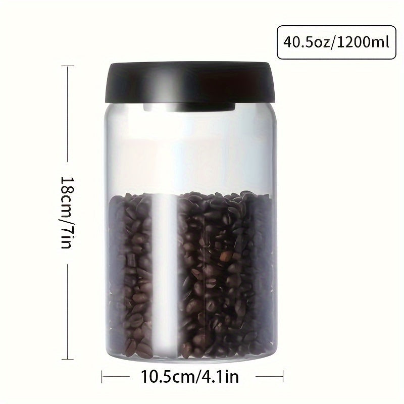 Airtight glass coffee canister for beans, grains, and tea, with vacuum seal lid, made of high borosilicate for home kitchen organization.