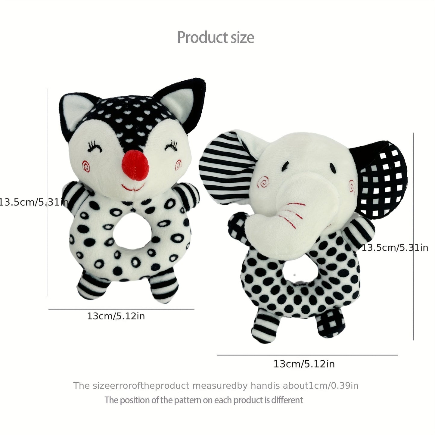 Baby Rattle and Grip Toy Set for Early Education, featuring Elephant and Fox Designs in Black and White. This Handheld Sound Toy is made with durable Polyester Material, ideal for Infants and Toddlers aged 0-3 Years.