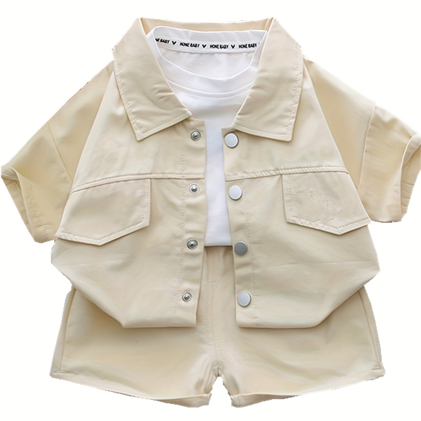 Boy's summer cotton shirt set with button-up lapel shirt and logo shorts.