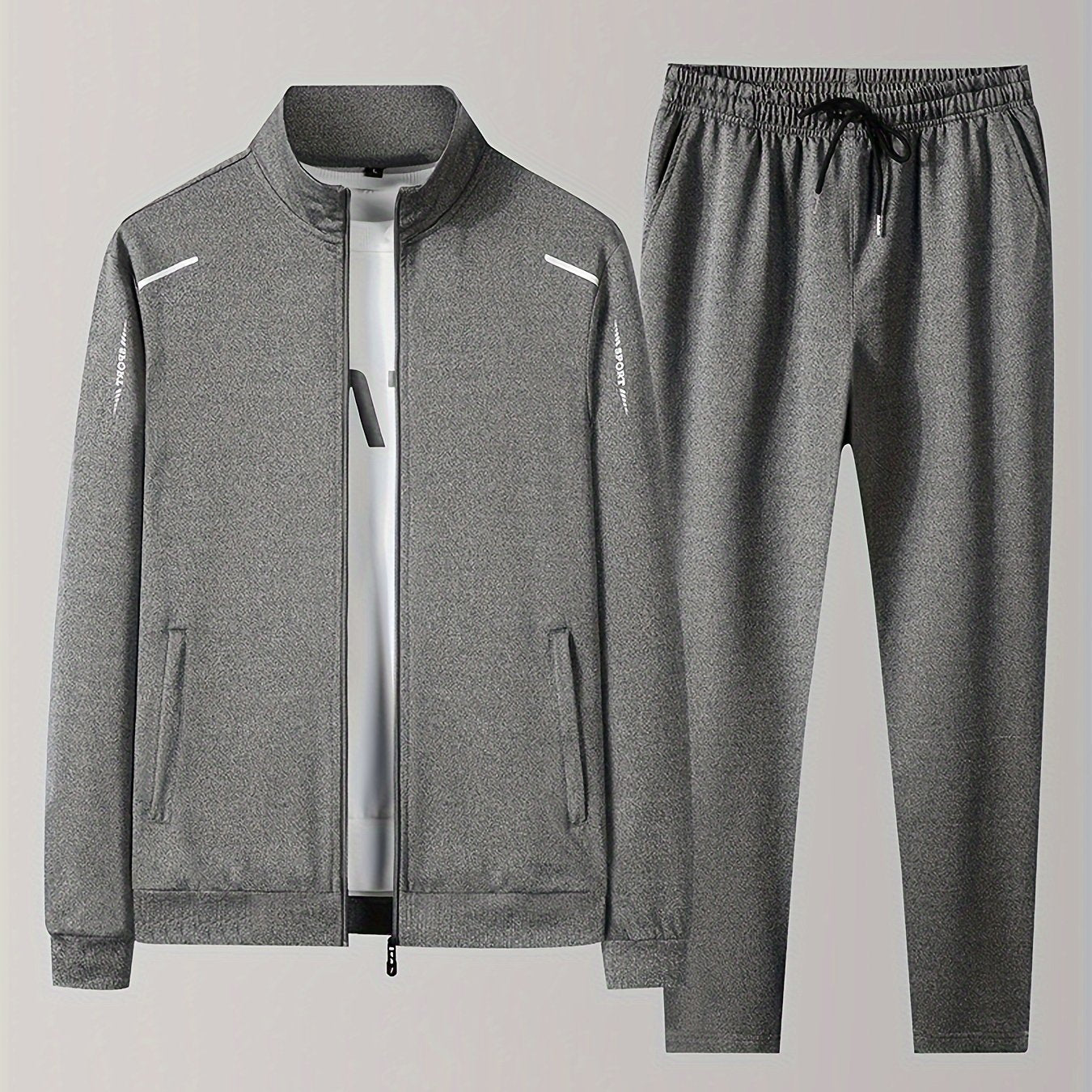 Polyester tracksuit set for men with jacket and long pants in solid color.