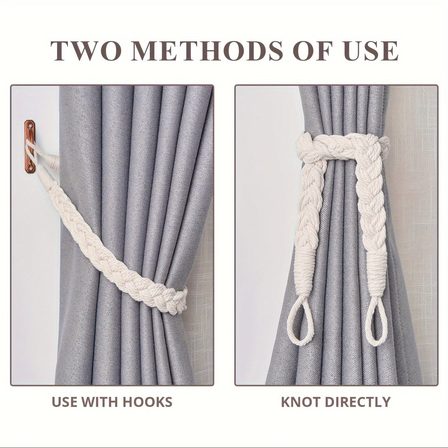 Two pieces of elegant bohemian style hand-woven rope curtain tiebacks featuring metal hooks - perfect for adding a natural decorative touch to your home or office. These soft braided design holdbacks are the ideal curtain accessories.