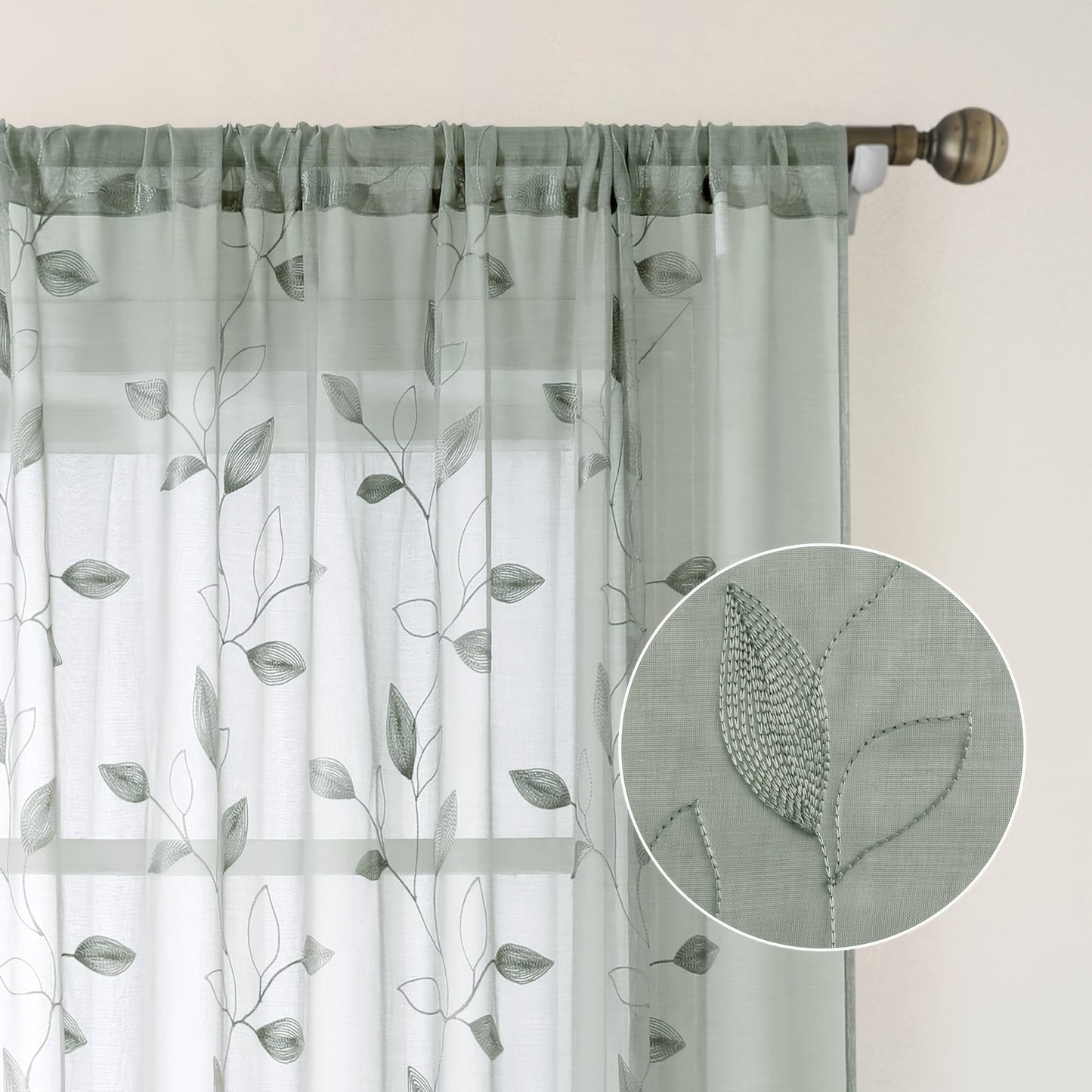 Two pieces of garden-style sheer curtains with an embroidered leaf pattern, featuring a rod pocket design. Made of polyester, these drapes are perfect for bedrooms, living rooms, and kitchens. They are machine washable and suitable for all seasons