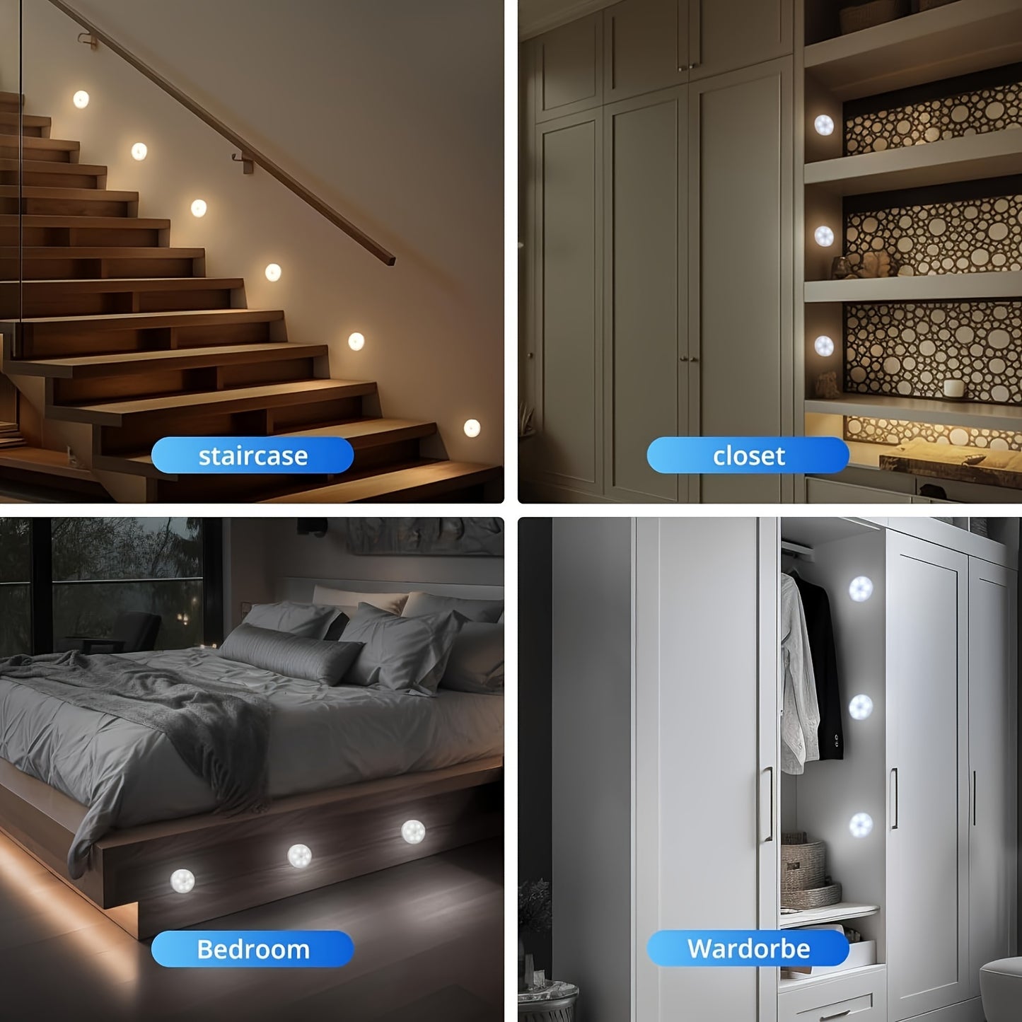 3 smart motion sensor night lights with adjustable brightness, auto on/off feature. Suitable for bedroom, stairs, under cabinet, and closet. Available in warm and cool white colors.