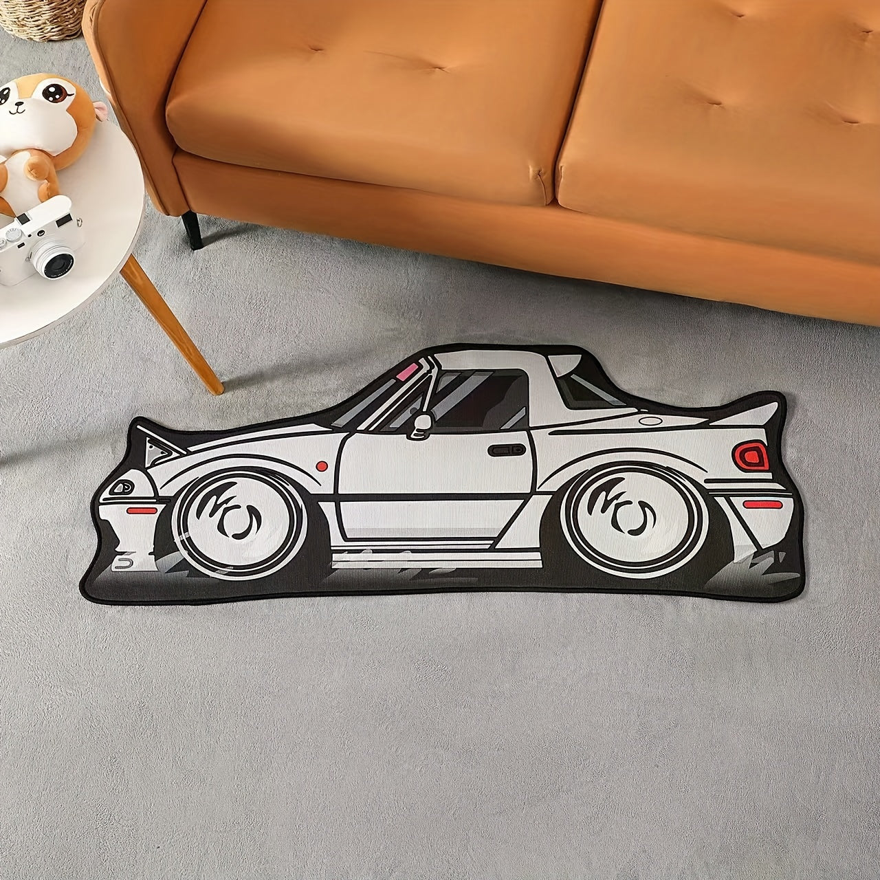 Soft polyester mat with a sports car design. This machine washable, non-slip area mat is versatile for use in the living room, bedroom, or as an office chair mat. The stylish floating window design adds a luxurious touch, making it perfect for use in a