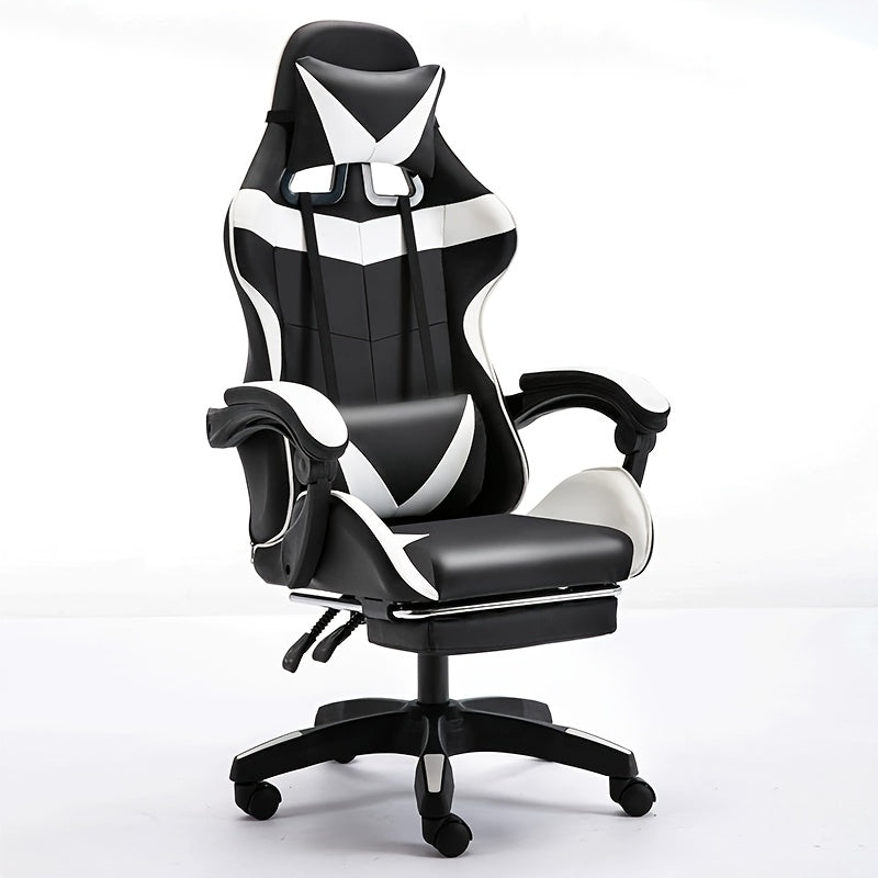 Ergonomic gaming chair with footrest, high back, adjustable headrest and lumbar support in white and black for home office.