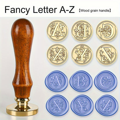 1 set of a 26-letter series Wax Seal Stamp with a Retro Wood Handle and Brass Head for various uses such as Thanksgiving Cards, Envelopes, Gift Wrapping, and Wedding Invitations featuring a