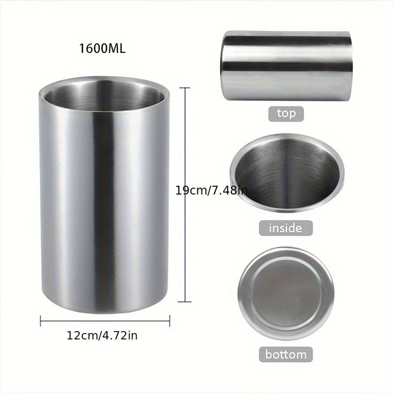 Stainless steel double-deck ice bucket for cooling beverages in outdoor settings, portable for picnics and parties.