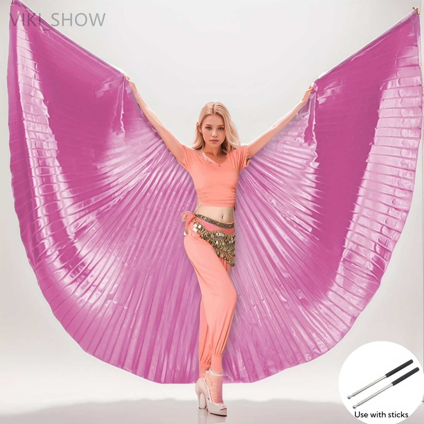 Golden Butterfly Wings Belly Dance Costume with 360° cape, telescopic sticks included. Fits height 61-69.