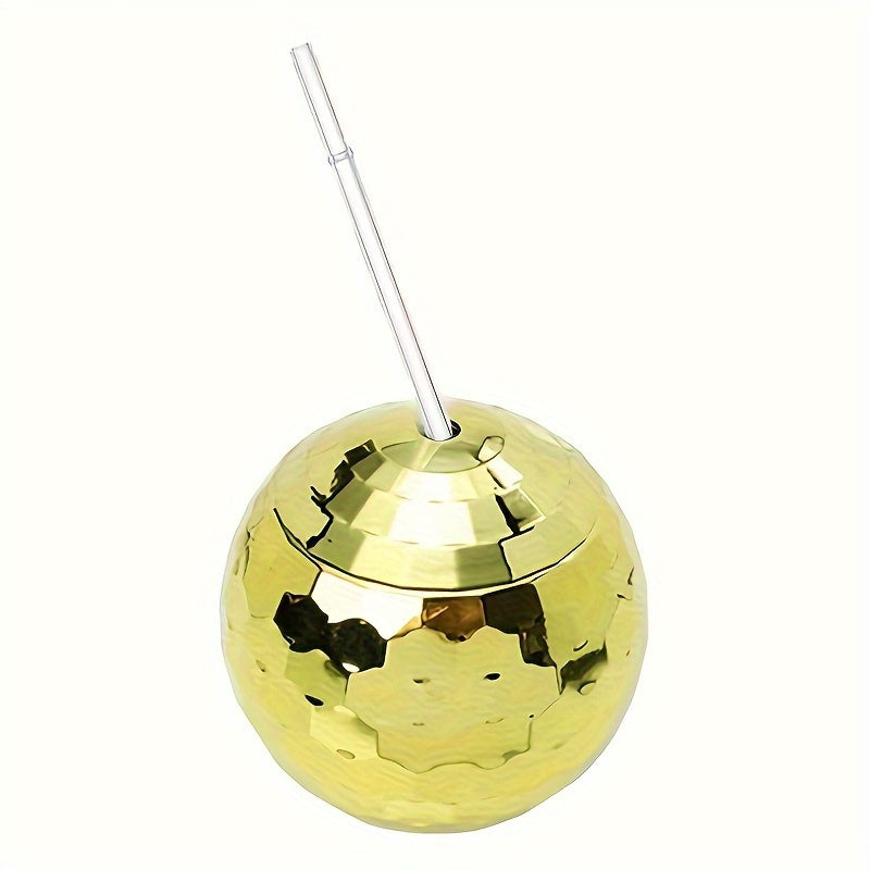 Spherical glitter ball cup with straw, perfect for parties.