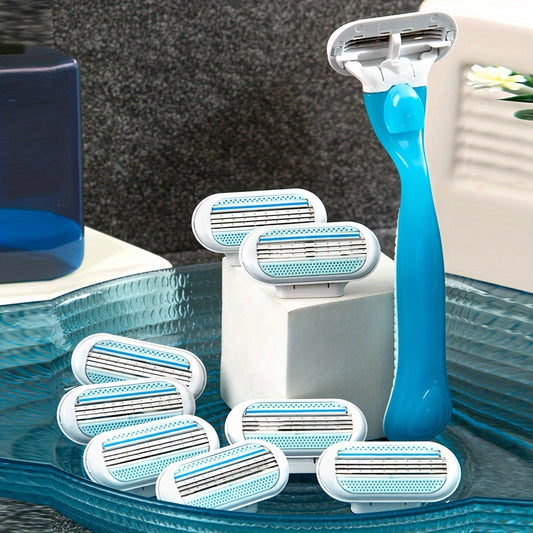 Hypoallergenic manual hair removal razor kit with blue handle + 8 white blades, stainless steel for smooth, normal skin.