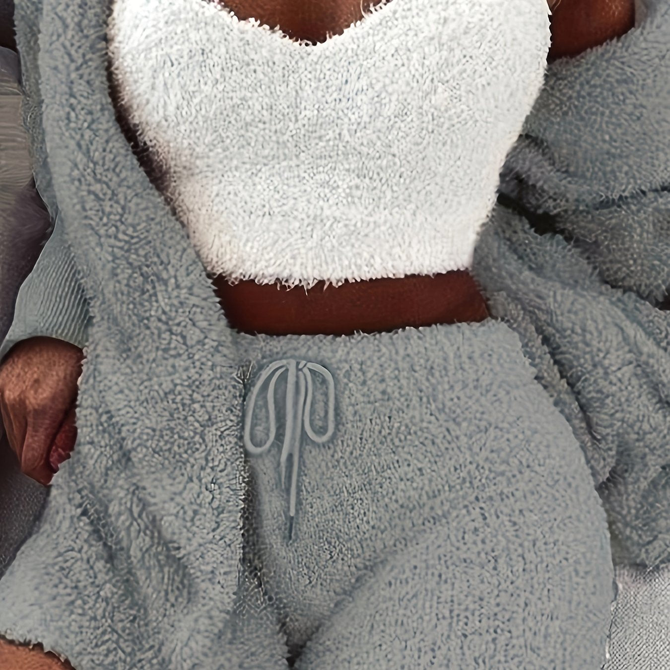 Women's cozy pajama set with long sleeve hooded robe, tank top, and drawstring shorts for sleepwear and loungewear.