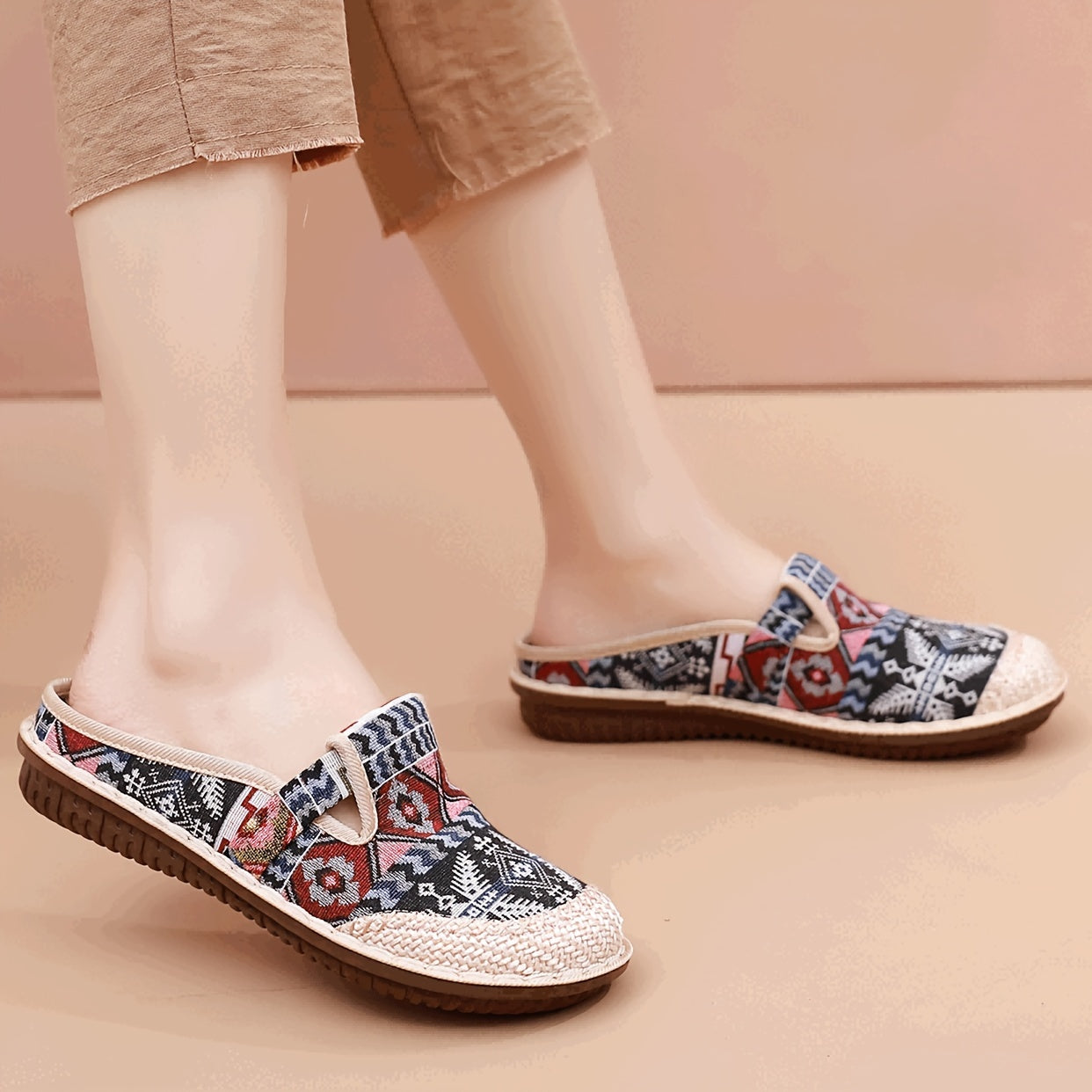 Womens Summer 2024 Fashion Tribal Style Slip-On Shoes with Breathable Fabric Upper and Faux Sole