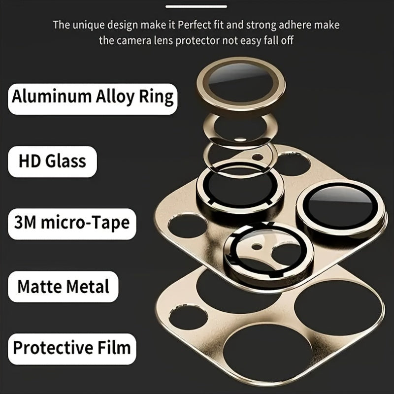 Aluminum camera lens protector with HD glass and 3M micro-tape for iPhone 11 Pro Max, easy to install, full coverage, anti-glare, scratch-resistant.