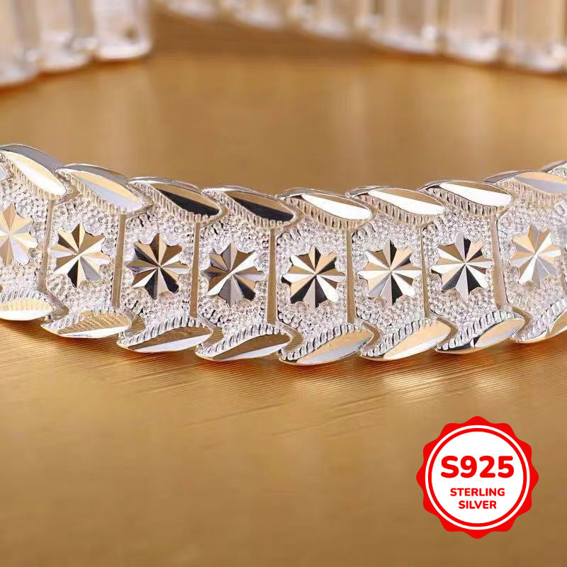 Sophisticated Men's S925 Sterling Silver Wide Bracelet featuring a European Coin Design, 12mm in size. Hypoallergenic and suitable for both daily wear and special occasions, this bracelet exudes a retro and French-inspired style. Perfect gift for