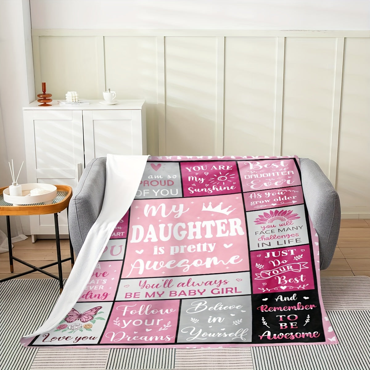 Soft flannel throw blanket with pink patchwork pattern and inspirational quotes, perfect for my daughter. The perfect gift for a cozy home decor.