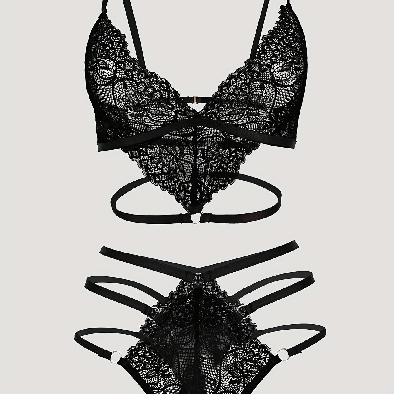 Lace lingerie set with plunge bra and high waist panties for sexy and comfortable wear.