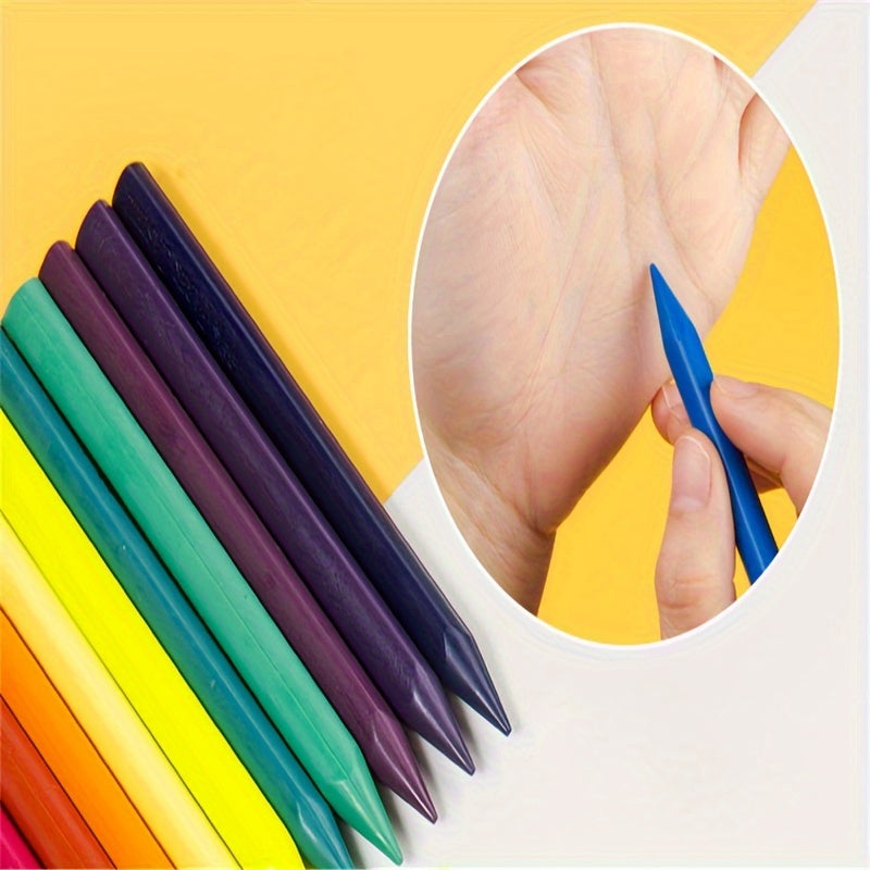 Washable triangular crayons in 6/12/18/24 vibrant colors with ergonomic grip for youngsters. Non-staining.