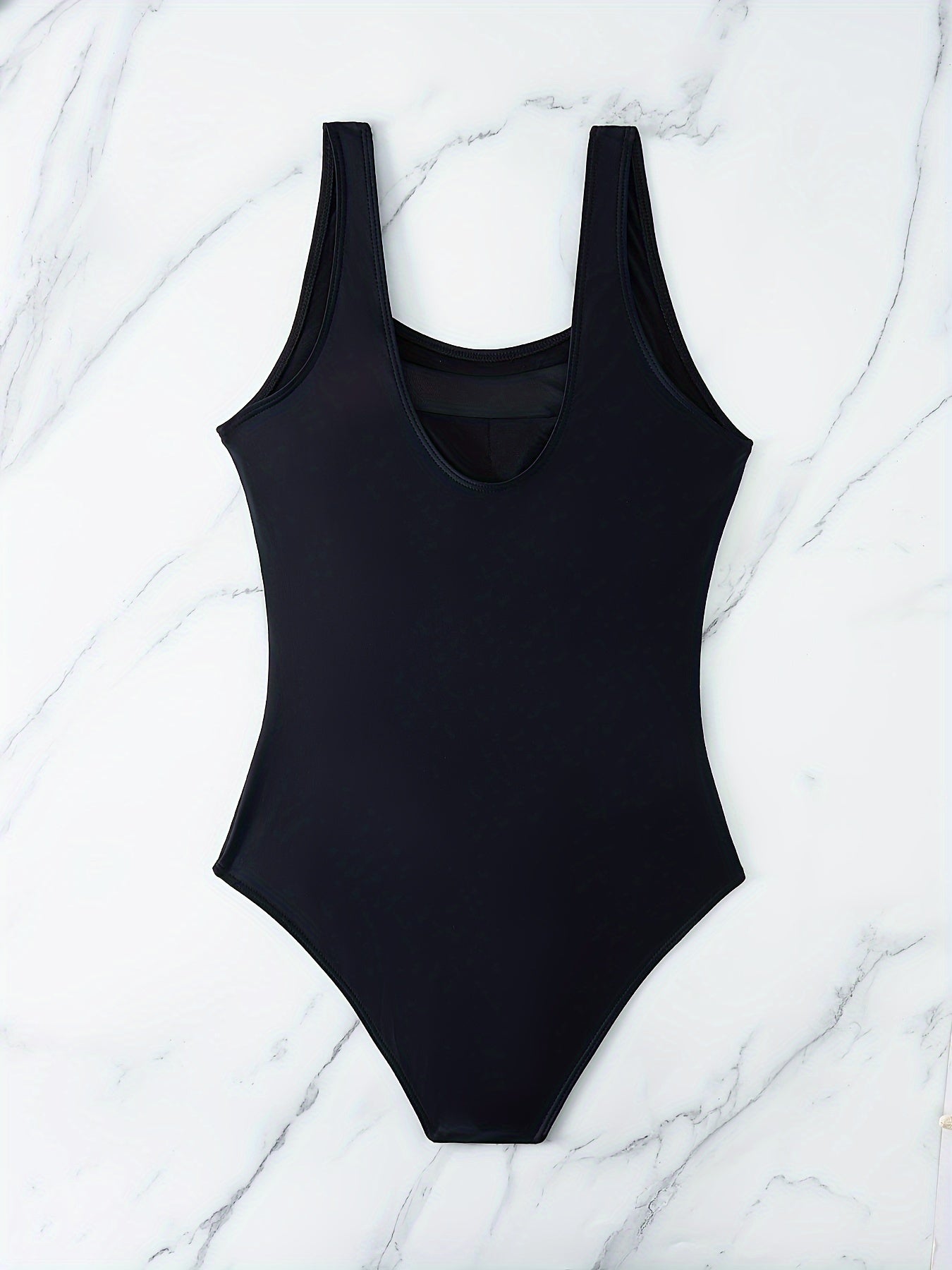 Mesh one-piece swimsuit with round neck and tummy control for women.