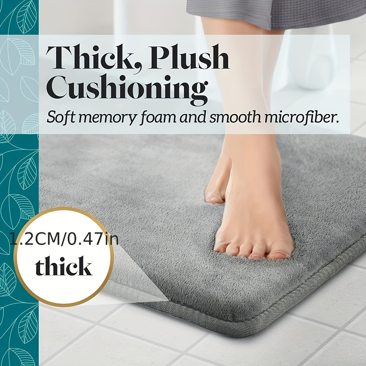 Soft and absorbent memory foam bathroom mat with non-slip backing. Machine washable and quick-drying. Suitable for bathroom, kitchen, laundry, bedroom, and shower.