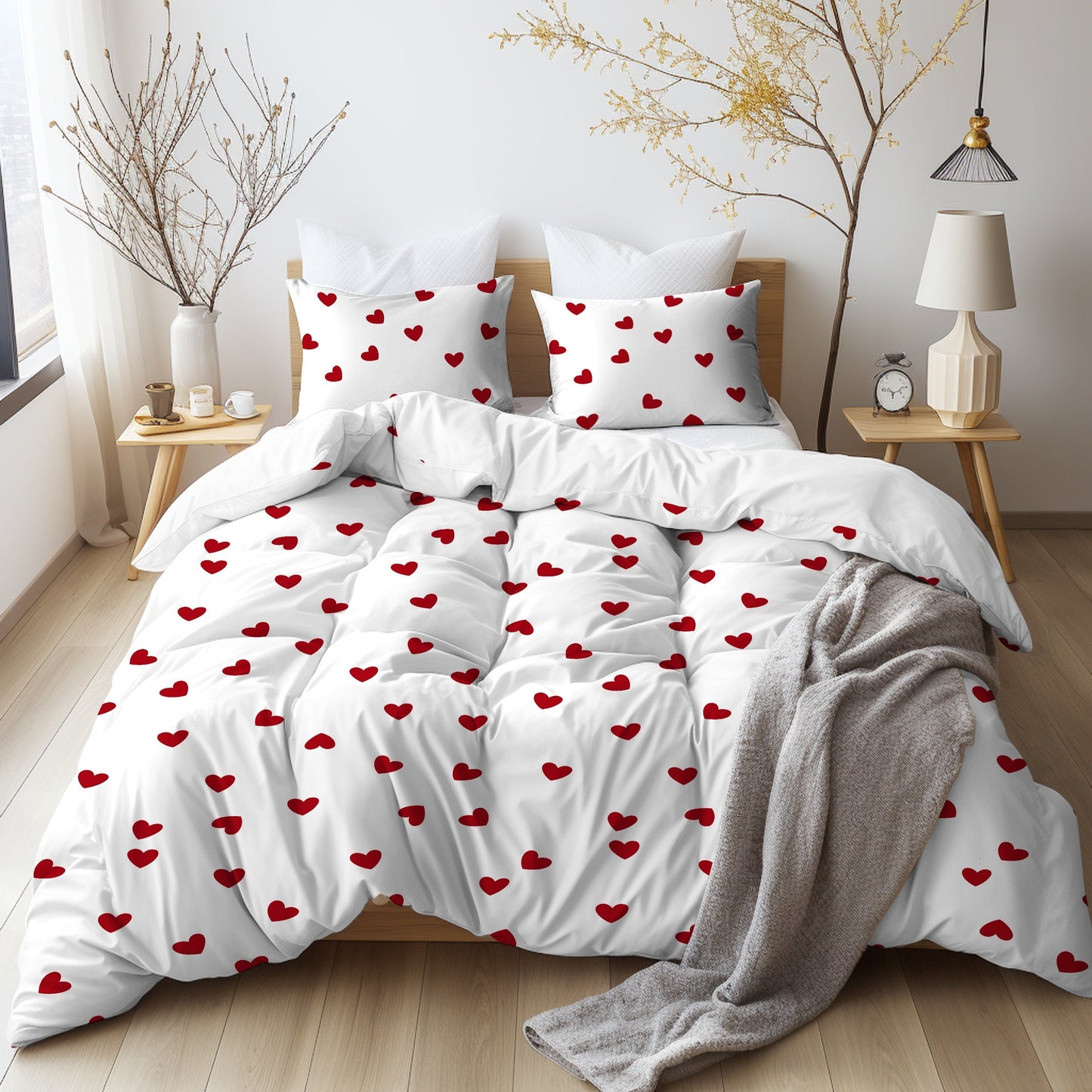 Get ready for the season of love with our Heart Print Valentine's Day Bedding Set. This set includes 1 Duvet Cover and 2 Pillowcases, all brushed for a soft and comfortable feel. Perfect for any bedroom or guest room, this skin-friendly set is suitable