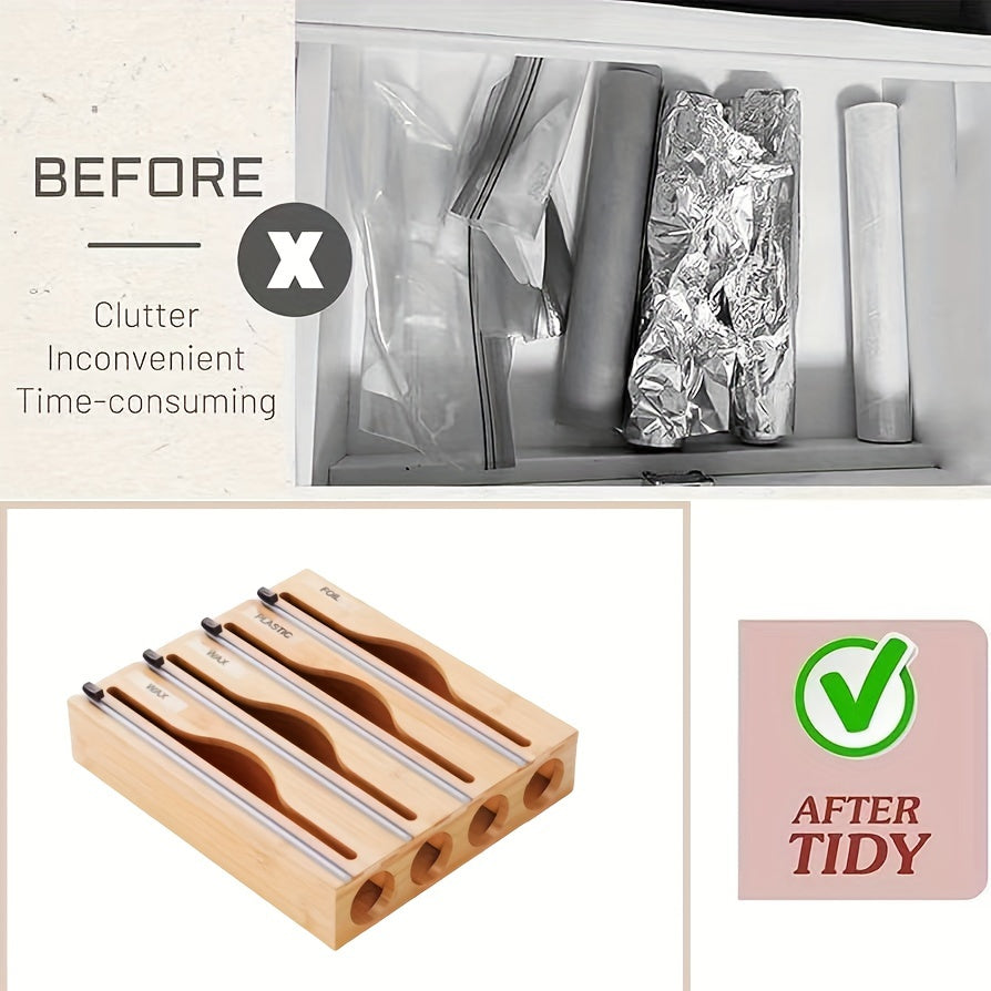 Bamboo Kitchen Wrap Organizer - Eco-Friendly Storage Box for Plastic Wrap, Aluminum Foil, Wax Paper - Manual Cutter, Non-Electric, Food-Safe