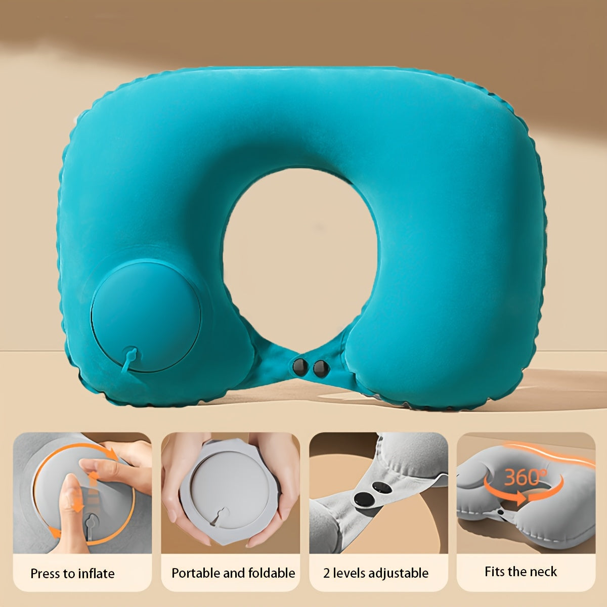 Grey TravelMate Adjustable Compressed Inflatable U-Shaped Neck Pillow with 2 Air Pressure Levels for Office and Car Use, Portable and Foldable Car Neck Support Cushion, Easy Inflate and Spot-Clean