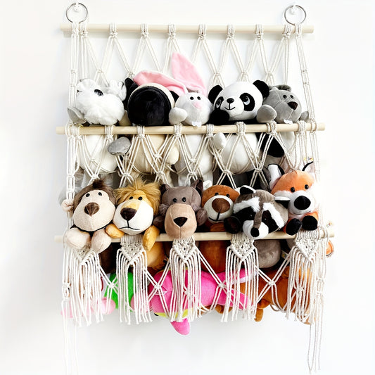 Bohemian woven storage rack for plush animal toys, neatly stored with hanging net organizer. Ideal for nursery, playroom, or bedroom decor. Perfect for home organization and storage needs.