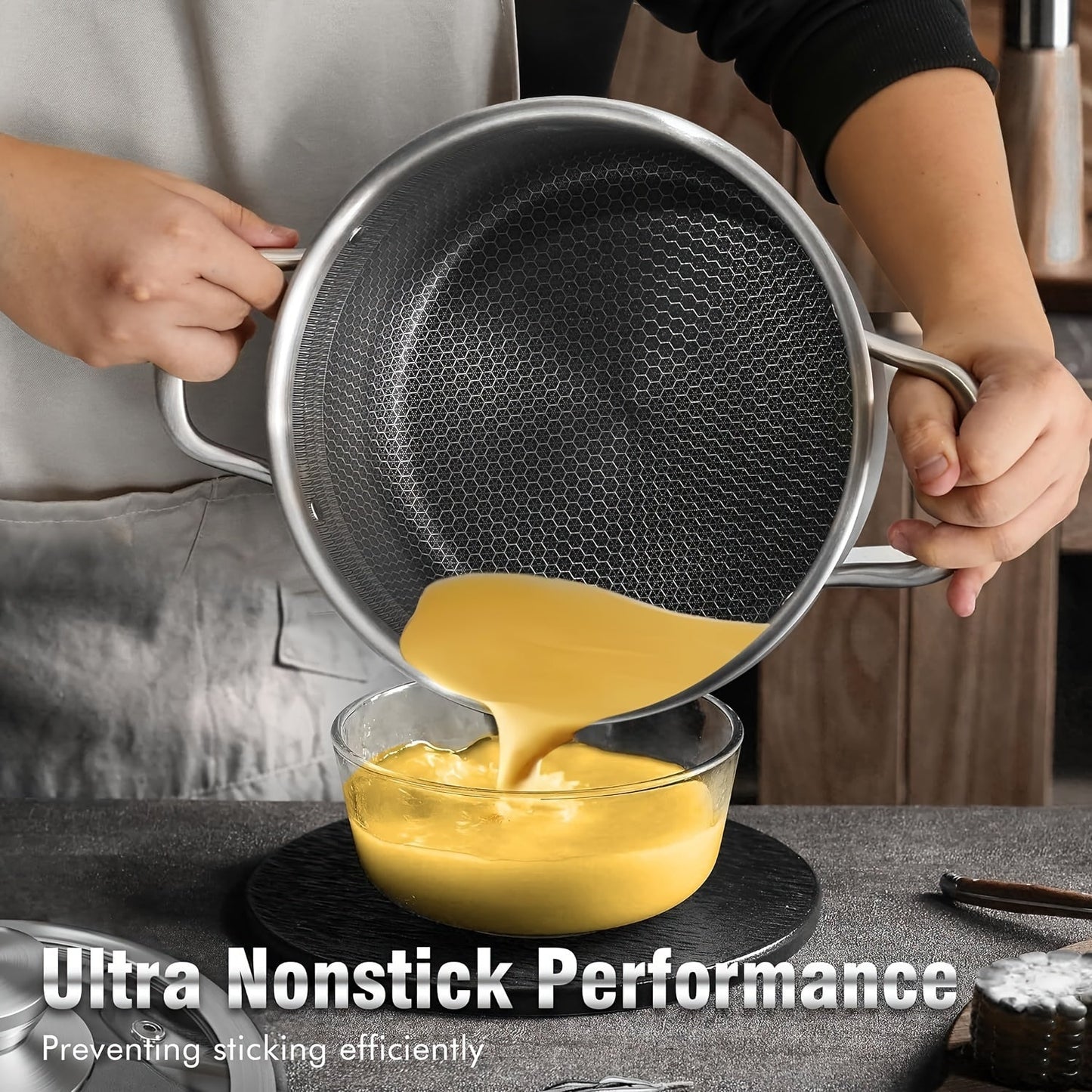 A 6-quart Stainless Steel Soup Pot with a Hybrid Non-stick Coating and Glass Lid, featuring a Honeycomb Carved Design for Induction Cooking. This versatile Soup Pot is compatible with all stoves, non-toxic, and safe for use in the dishwasher and oven.