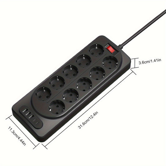 Kinglink power strip with 10 outlets, USB & Type-C ports. Features 2500W fast charge, surge protection, switch, overload protection, and 3m extension cord. Suitable for home, office, and