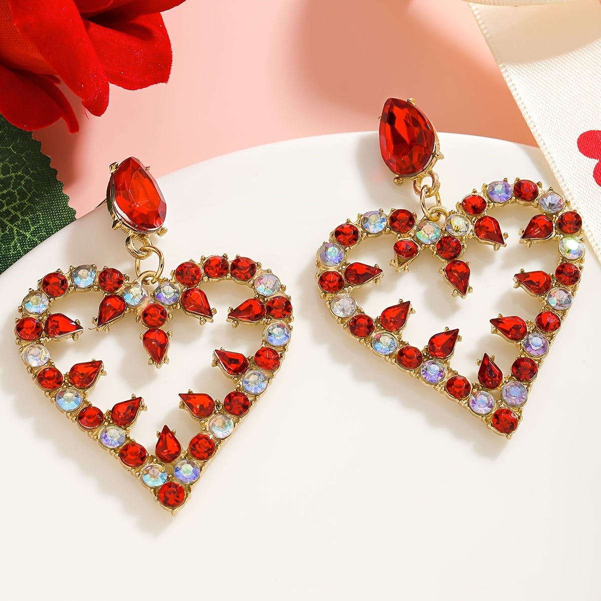 Chic Pink and Red Heart-Shaped Rhinestone Drop Earrings with Unique Dangle Design - Ideal Valentine's Day Present for Her, Great for Formal Occasions and Festive Celebrations, Elevate Your Look with Matching Accessories