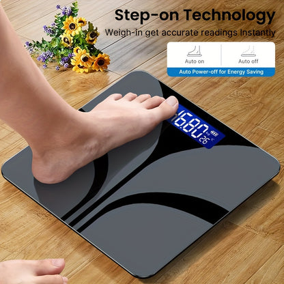 Black Smart Scale with LCD Display - Accurate to 45.36g/181.44kg, Measures Temperature & Weight, Modern Design for Bathrooms, Battery Operated