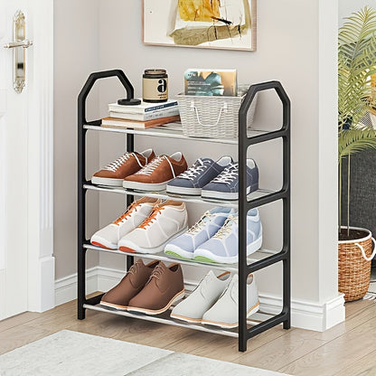 Stylish Black Shoe Rack with 4 Tiers, Sturdy Metal Construction - Easy to Assemble, No Unpleasant Odors. Perfect for Home or Business, Ideal for Entryway or Bedroom. Features White and Blue Shoes Display. Great Shoe Storage Solution.