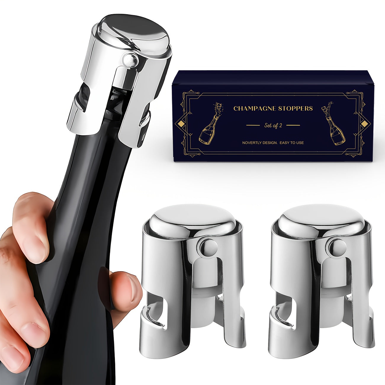 Set of 2 stainless steel champagne stoppers for sealing and preserving red wine, ideal as a Christmas wine gift.