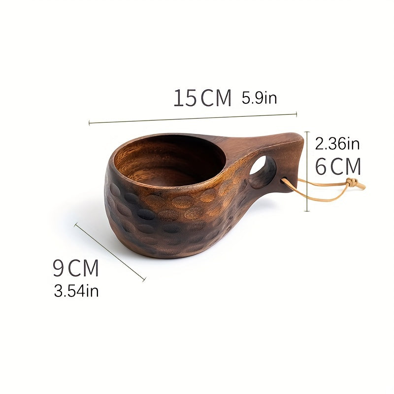 Handmade acacia wood coffee mugs with rope handle, perfect for camping and kitchen use.