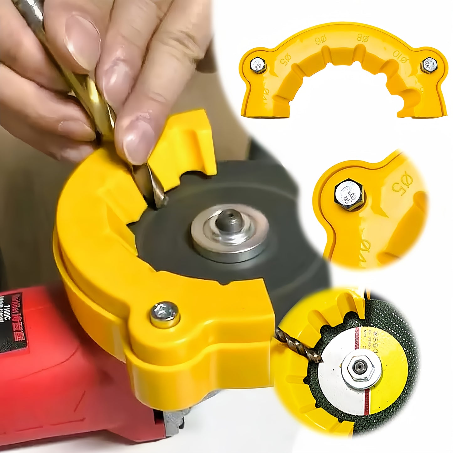 Universal drill bit sharpener compatible with all drill bits and angle grinder accessories.