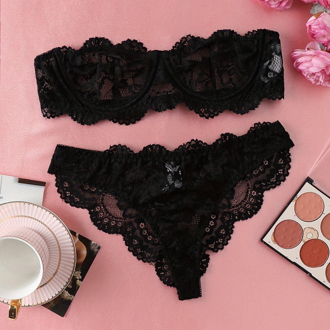 Women's sexy lingerie set made of 90% Polyamide and 10% Elastane, featuring solid color knit fabric with contrast lace detail. Includes ultra-thin transparent lace panty and bra set with no lining. Part of the Adult Lingerie Collection, weighing 95gsm.